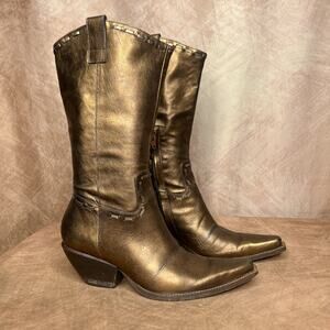 BCBGirl Leather Metallic Bronze Pointed Toe Cowboy Boots Indie Sleaze Boho Y2K